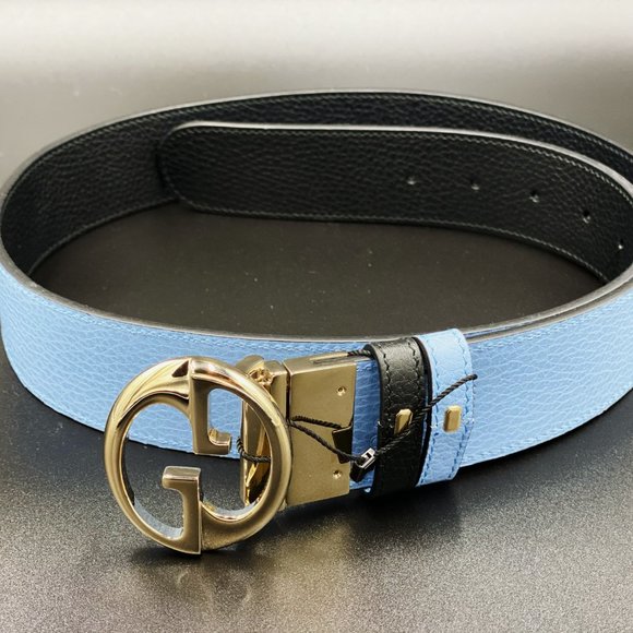 Gucci Black Leather Belt with Gold Buckle and Blue Interior - Picture 2 of 13